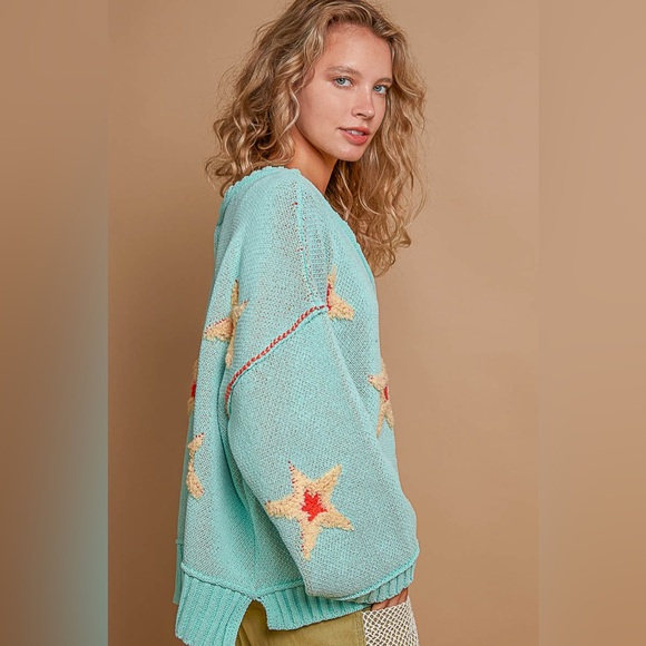 Sweaters - #96 CLOSEOUT FIRM 🌺New! Pol Precious Soft Mint Star Work Front and Back